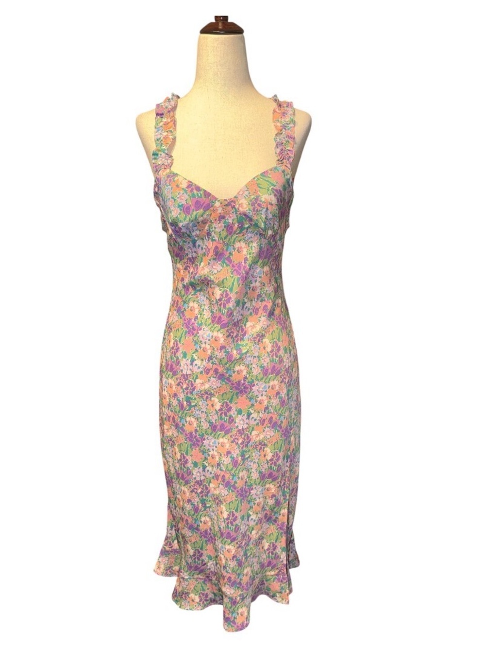ASTR The Label Coral Purple Floral Ruffle-strap Midi Dress